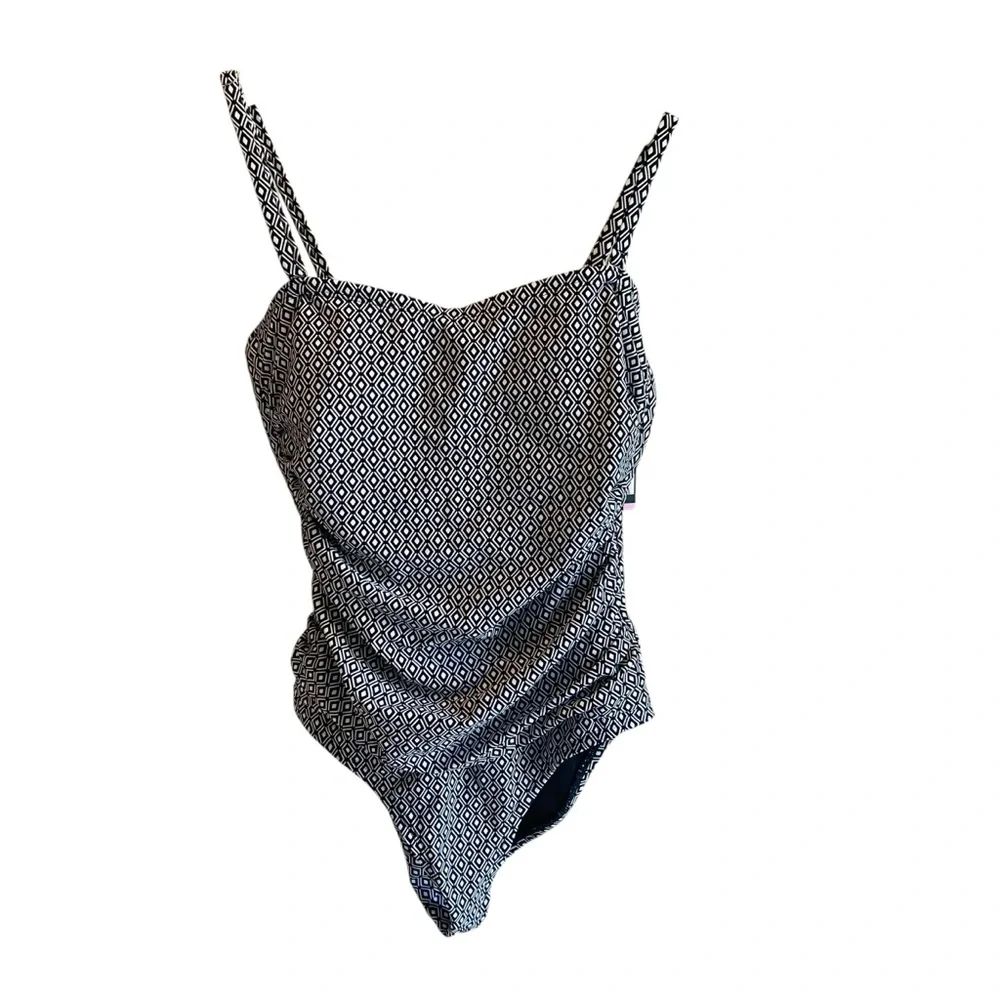 DKNY NWT Women's One Piece Swimsuit Bandeau Maillot Black White Geo Small - Picture 5 of 12